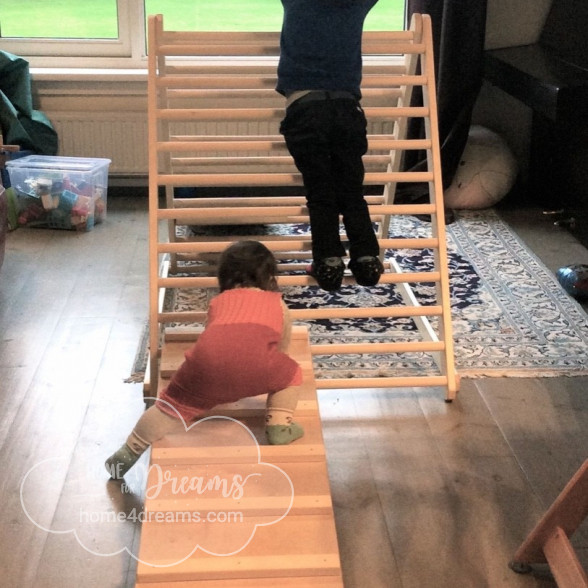 Children playing on a wooden climbing frame with a ladder board