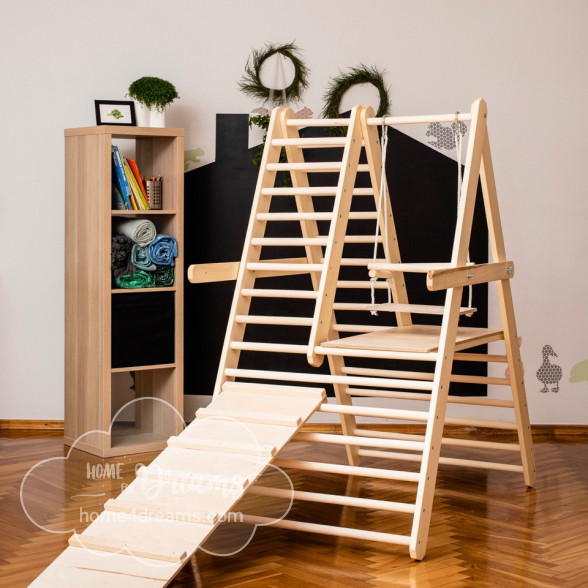A climbing triangle for toddlers with a slide board