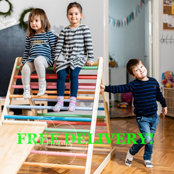 Children sitting on a wooden climbing pikler triangle frame 
